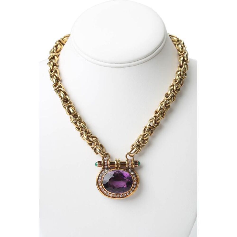 Designer Womens Amethyst Diamond 14K Yellow Gold Necklace 80g